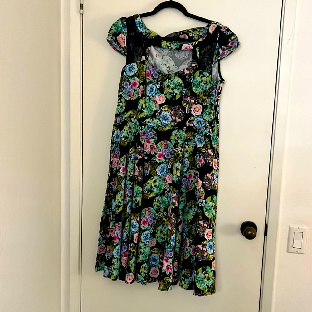 Floral black midi dress, square cut out neck, slight puff sleeves w/side zipper